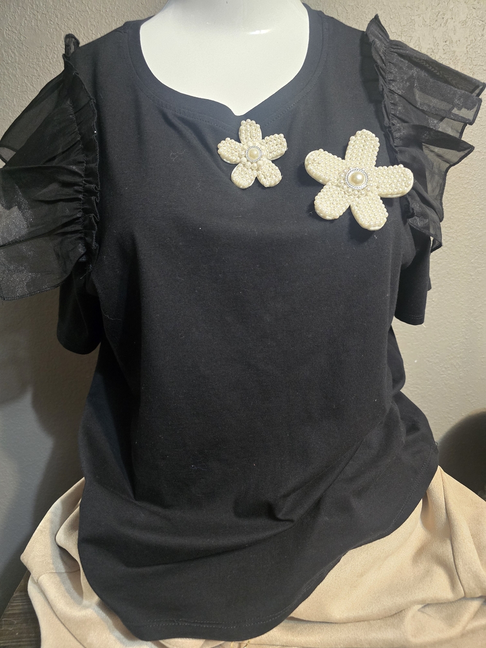 Black Ruffle Sleeve Top with Pearl Flower Appliques